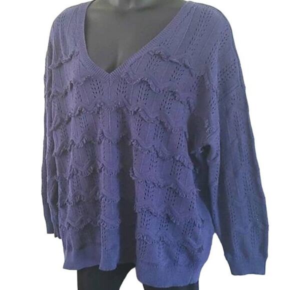 EVRI Women’s Wavy Pointelle Knit V-Neck Sweater - Navy Blue, Size 2X - NWOT - Picture 2 of 6
